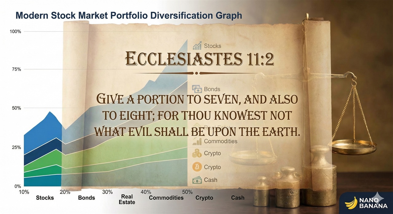 현대 주식시장의 포트폴리오 분산 그래프 전도서 11장 2절 "일곱에게나 여덟에게나"구절을 현대 주식 시장 포트폴리오와 오버레이한 인포그래픽입니다