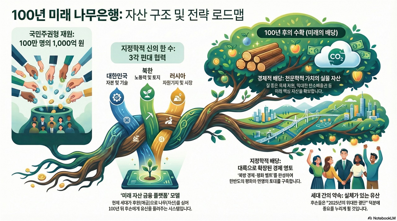 100년 나무은행 자산배분 구조도(과거와 미래의 전략적 연결) 미래백년연구소가 대국민 국책사업으로서 100년 나무은행 프로젝트에 대하여 빅데이터 알고리즘을 이용하여 불확실성 시대의 자산 분산 전략 보고서를 인포그래픽 형태로 완성한 참조사진입니다.